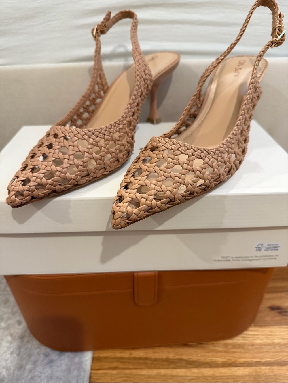 Woven Slingback Pointed-Toe Heels in Taupe